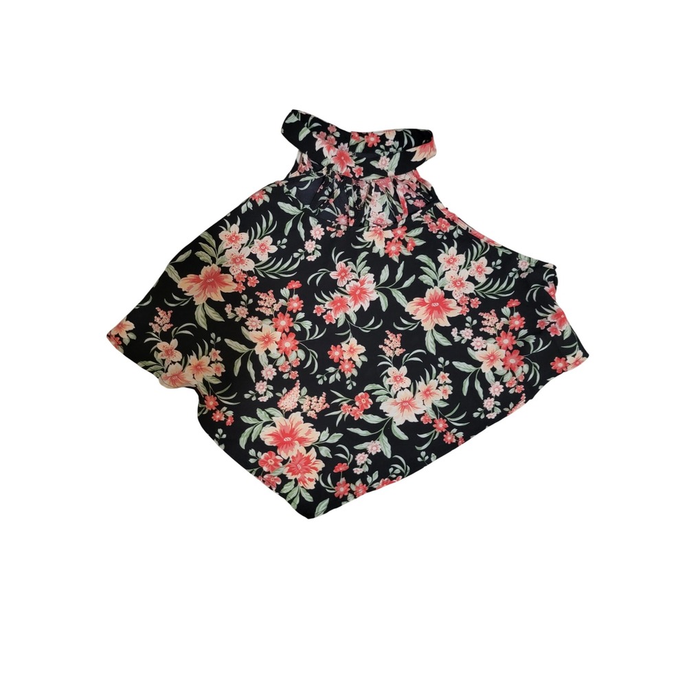 SHEIN CURVE Black Floral Halter‎ Top Strappy Neck Blouse 2XL Tropical Print